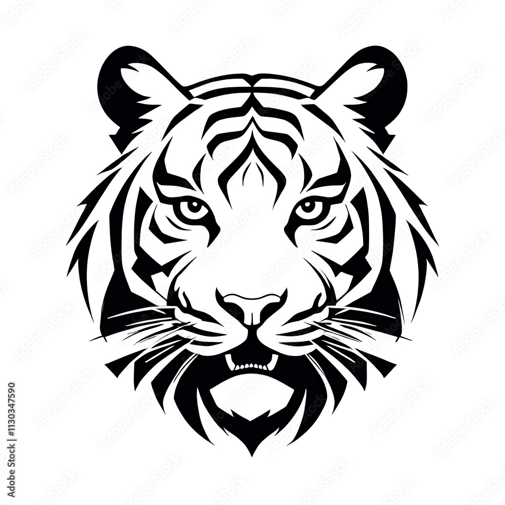 Fototapeta premium Tiger Head Silhouette: A striking black and white illustration of a tiger's head, capturing its powerful gaze and fierce presence. Perfect for designs that exude strength, wildness.
