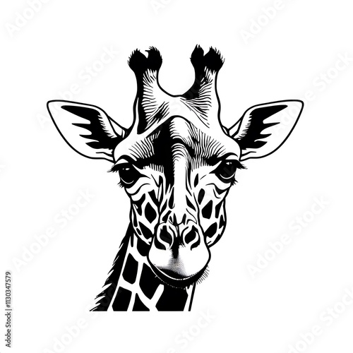 Elegant Giraffe Portrait: A striking black and white illustration of a giraffe's head, showcasing intricate details and a graceful demeanor. photo