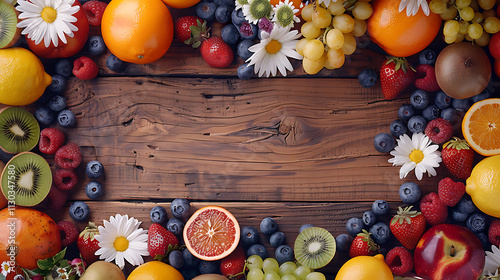 fruits and vegetables on wooden background
