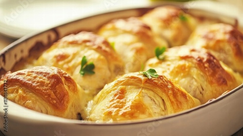 Close-up of a pan with delicious freshly baked bread, with a slightly blurred background