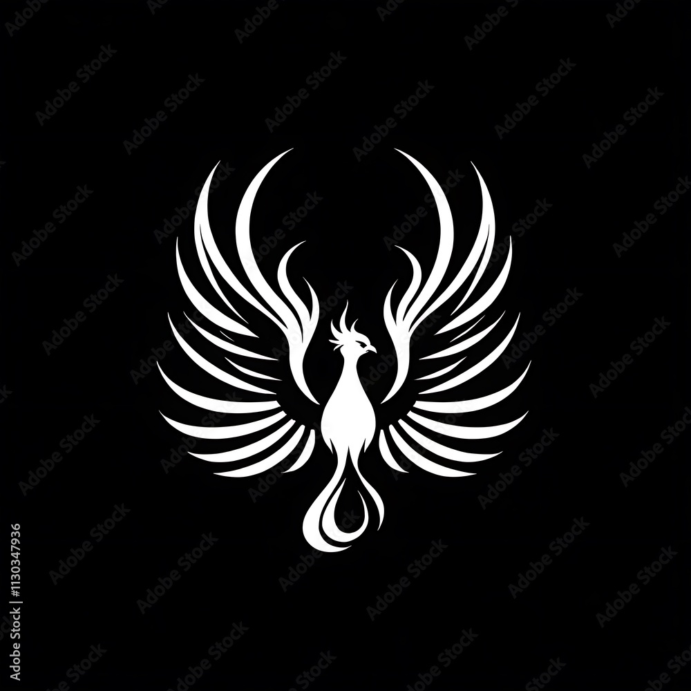 Obraz premium White Phoenix Rising: A captivating image featuring a stylized white phoenix with wings outstretched against a black background, embodying rebirth, resilience, and strength. 