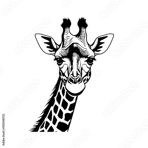 Majestic Giraffe Portrait: A striking black and white illustration of a giraffe's head and neck, showcasing intricate details and a captivating gaze. photo