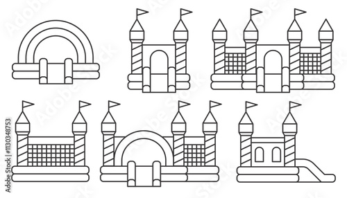 Bouncy castle icons set. Inflatable house vector trampoline with slide for jumping. Playground outline pictograms for kids zone amusement park and summer party. Inflated elastic equipment