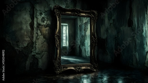 A dark, atmospheric room featuring an ornate mirror reflecting a mysterious light.