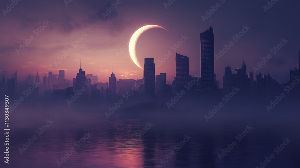 Fototapeta premium Księżyc w kształcie rogalika góruje nad zaciemnionym miastem w otoczeniu wieczornej mgły, nadając scenerii aurę harmonii i tajemnicy.