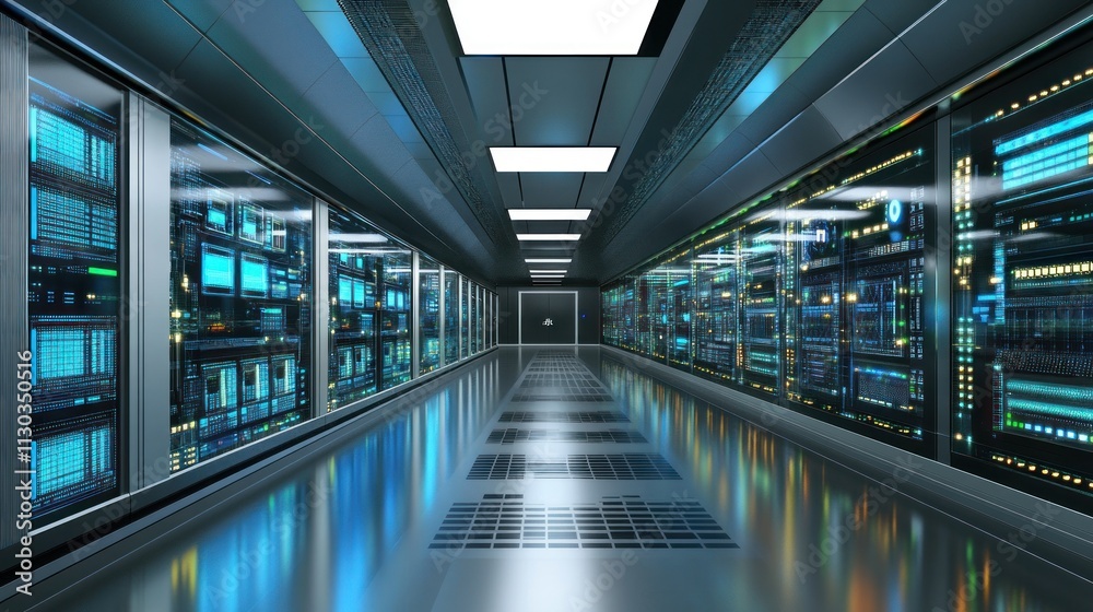 Obraz premium A futuristic corridor lined with server racks, showcasing a high-tech data center environment.