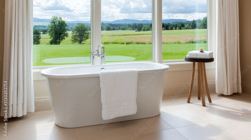 Fototapeta premium Elegant bathroom suite with freestanding tub and scenic view