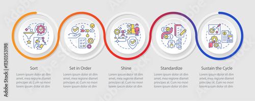 5S methodology infographics circles sequence. Lean manufacturing. Workplace efficiency. Visualization layout with 5 steps. Info chart loop process presentation. Myriad Pro-Regular font used