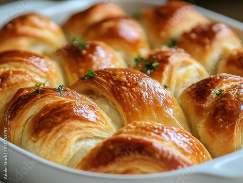 Close-up of a pan with delicious freshly baked bread, with a slightly blurred background