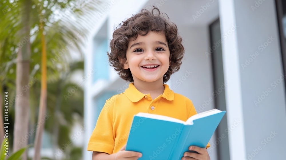 Obraz premium Happy child Indian boy preschooler holding an open book education, enjoying story time in a comfortable home setting a portrait