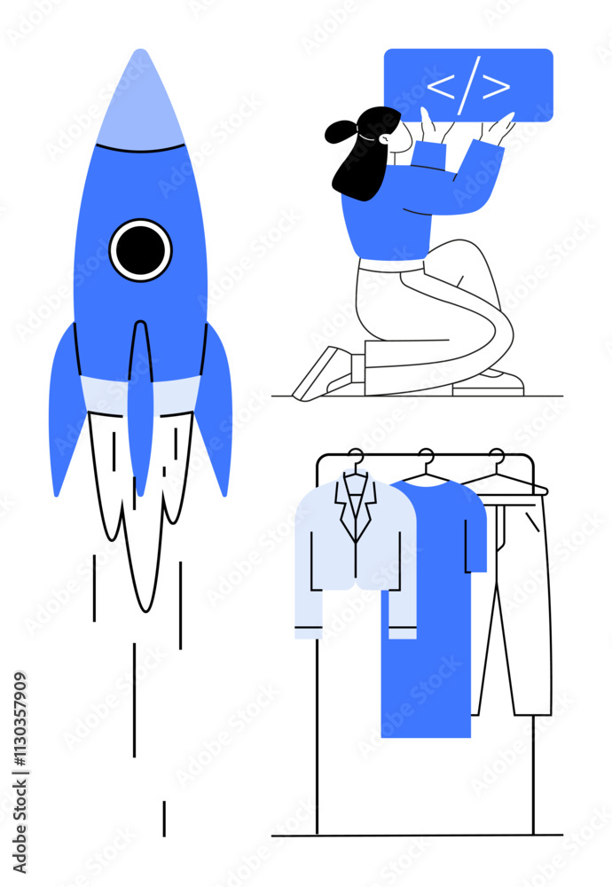Obraz premium Rocket launching, developer writing code, clothes display on hangers. Ideal for startup culture, technology, fashion, business development, e-commerce innovation entrepreneurship. Line metaphor