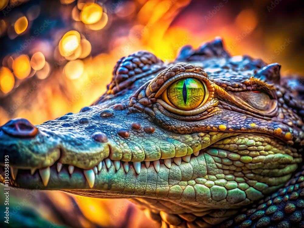 Fototapeta premium Close Up Crocodile Head Bokeh Photography, Reptile Eye Detail, Wild Animal Portrait, Macro Photography, Nature Wildlife