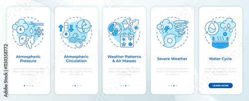 Atmospheric phenomena blue onboarding mobile app screen. Research walkthrough 5 steps editable graphic instructions with linear concepts. UI, UX, GUI template. Montserrat SemiBold, Regular fonts used