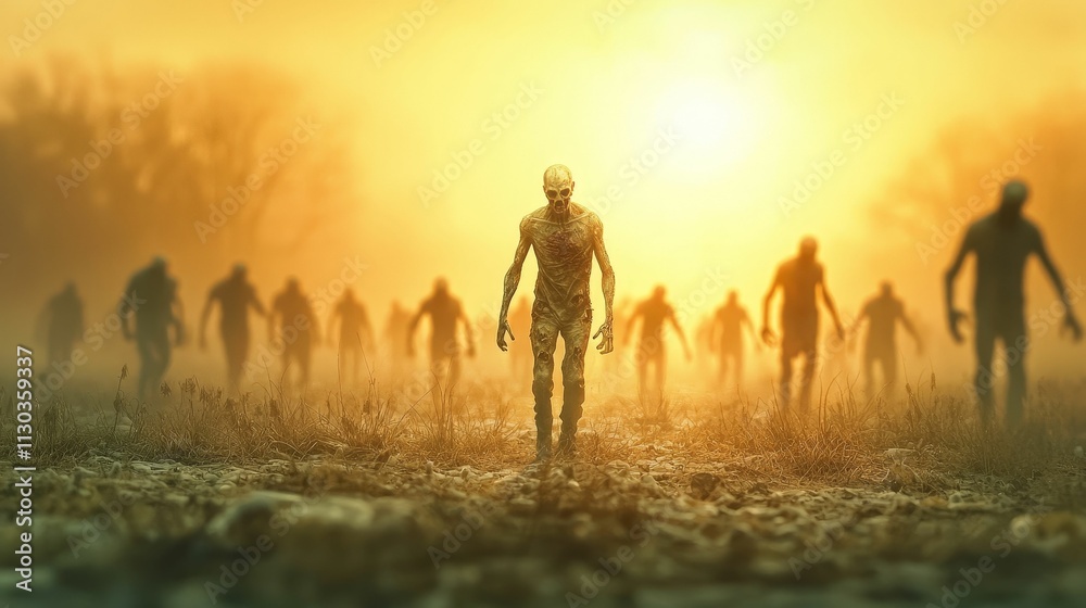Fototapeta premium apocalypse and global crisis concept. Mysterious figures walking towards a glowing sunset in a foggy landscape.