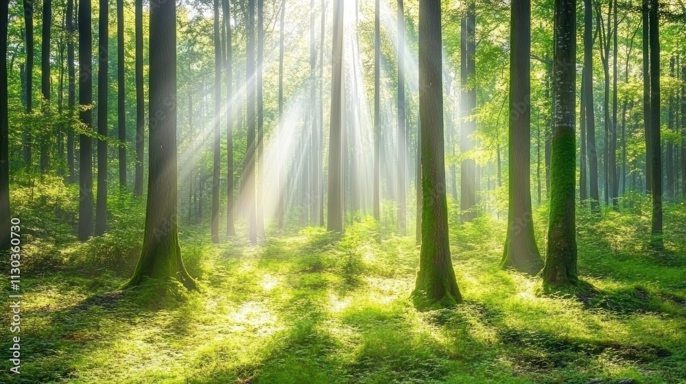 Obraz premium Sunlight Streaming Through Trees in Serene Forest Landscape