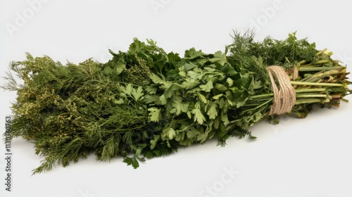 A bundle of mixed dried herbs, including parsley and dill, tied with hemp string for a rustic look photo