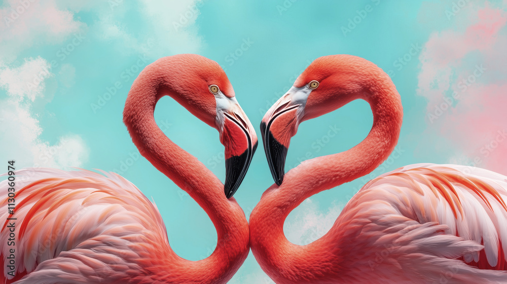 Naklejka premium Elegant flamingos forming a heart shape against a pastel sky