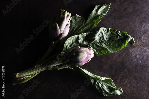 Natura morta, composizione con carciofi, isolati su fondo materico marrone scuro photo