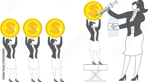 Inflation, economic stimulus, monetary policy, measures or programs for economic or business development, traders waiting in line to give gold coins a vaccine or potion