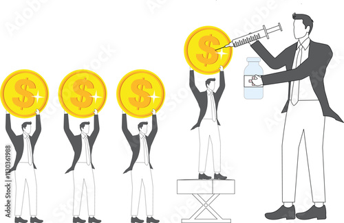 Inflation, economic stimulus, monetary policy, measures or programs for economic or business development, traders waiting in line to give gold coins a vaccine or potion