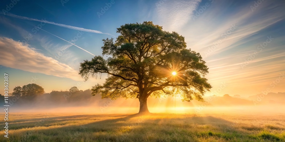 Fototapeta premium Majestic Oak Tree Silhouetted Against a Vibrant Sunrise in a Misty Field