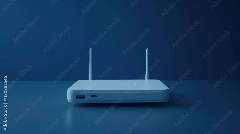 A compact wireless router on a solid dark blue background.