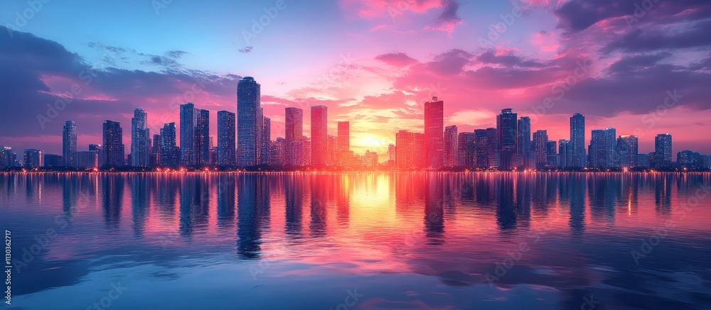Fototapeta premium Vibrant city skyline reflected in calm water at sunset.