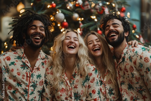 Portrait of a group of friends standing together in front of a decorated Christmas tree. They are wearing matching pajamas and laughing together, Generative AI