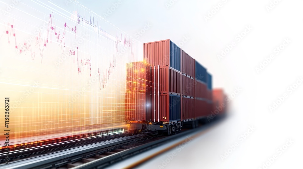 Obraz premium Transportation of Shipping Containers on Railway with Graphical Data Overlay Representing Logistics Efficiency and Supply Chain Management Concepts