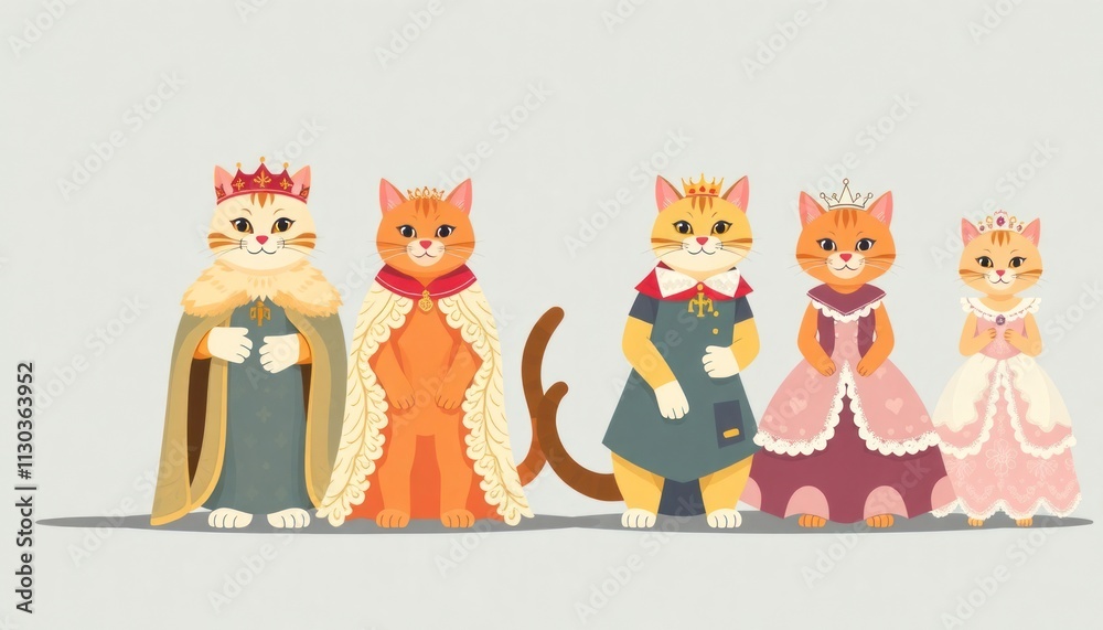 Fototapeta premium Noble Cat Family - Cat King - Cat Queen - Cat Prince - Cat Princess - Set of Funny Cartoon Cats