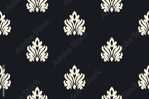 Embroidered Ikat flower pattern on a black background. Traditional ethnic ikat, Aztec abstract vector pattern, seamless pattern in tribal, folk embroidery and Mexican style