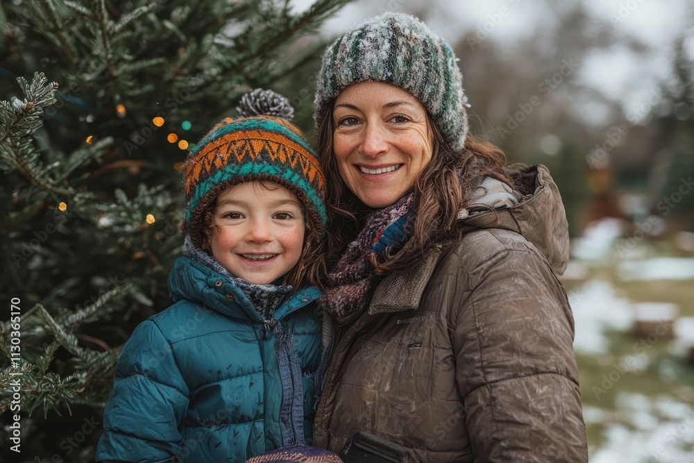 Fototapeta premium Portrait of a single parent and child standing outside in front of a Christmas tree. They are bundled up, smiling and holding hands, Generative AI