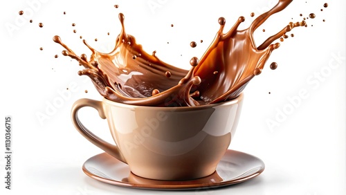 Creamy hot chocolate splashes dramatically against a white backdrop, a cozy winter beverage captured in long-exposure photography.