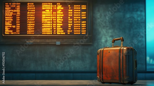 A travel suitcase resting near an airport information board, displaying exotic destinations for inspiration photo