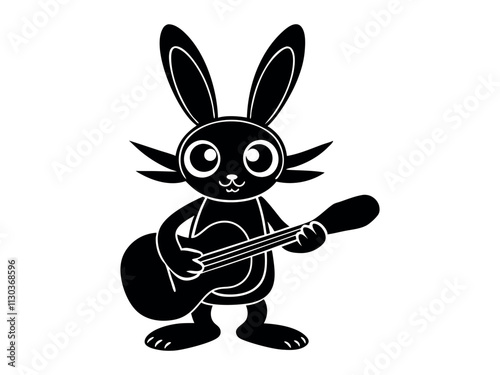 A cute rabbit playing guitar. Smiling rabbit playing guitar with a happy expression suitable for children's books, music related designs