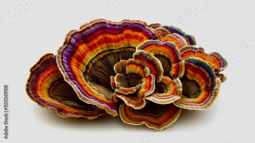 A dramatic cluster of turkey tail mushrooms with multicolored stripes arranged neatly photo