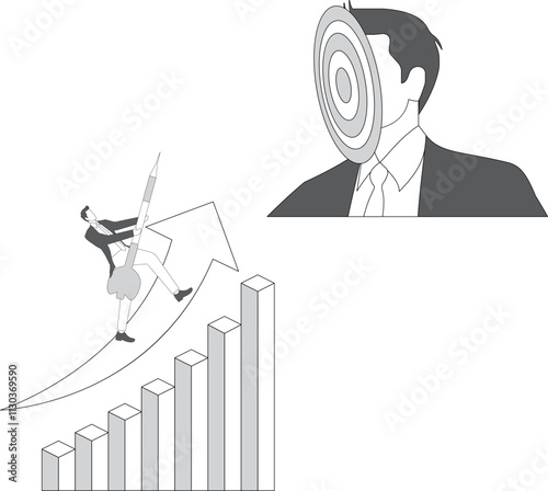 Target person or target task, to reach a goal, to achieve an accomplishment or success, concept of recruitment, businessman taking an arrow to hit a bullseye on a giant's body