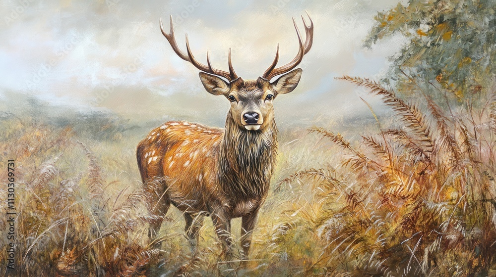 Fototapeta premium A majestic stag stands in a serene, autumnal landscape surrounded by ferns.