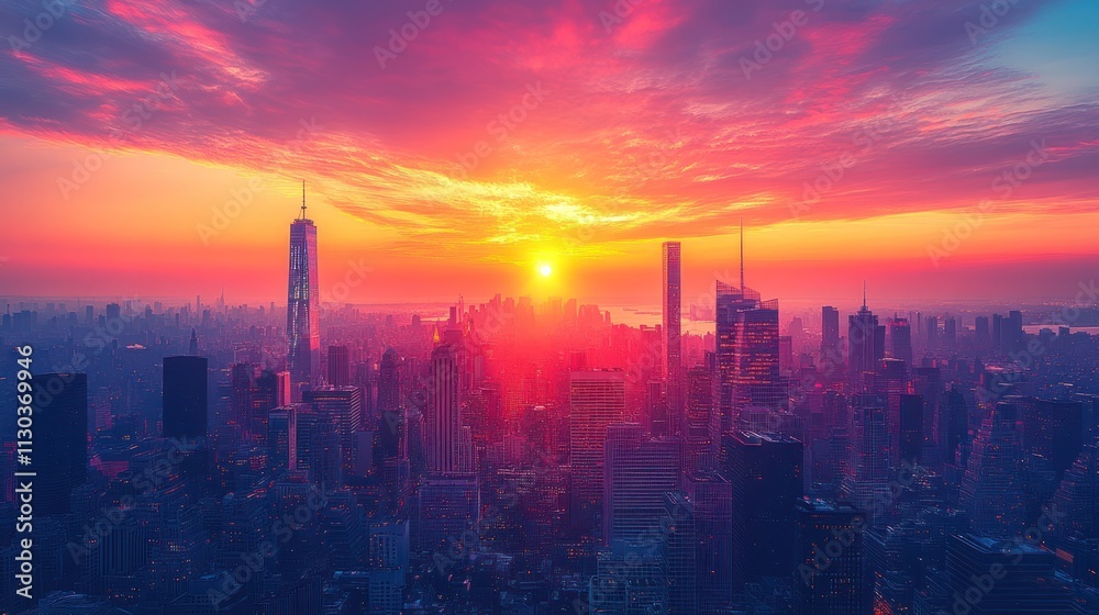 Obraz premium Vibrant sunrise over a hazy city skyline. (1)