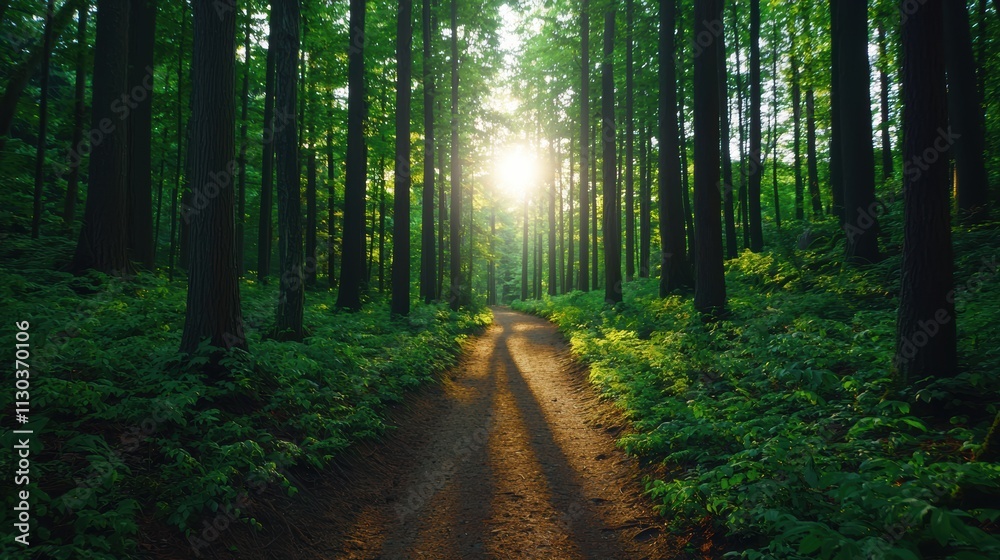 Fototapeta premium Sunlight filtering through trees on forest path at sunset