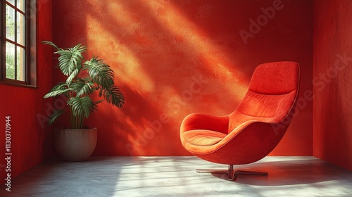 Modern orange room with sunlight and minimal decor photo