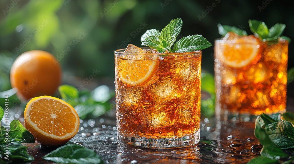 Iced tea with orange slices and mint in refreshing light Iced tea with orange slices and mint in refreshing light