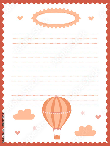 Note and record page template with balloon, clouds and stars