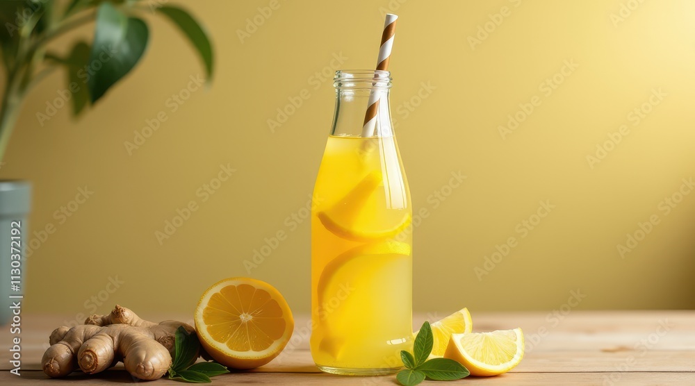 Fototapeta premium A refreshing bottle of lemon ginger drink with fresh lemon slices and ginger root on a wooden table, set against a warm yellow background