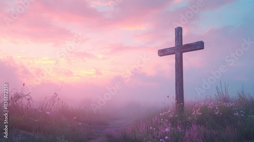 A weathered wooden cross standing alone in a peaceful meadow, with a vibrant sky filled with morning light photo