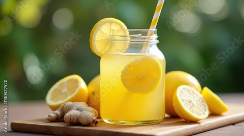 A refreshing glass of homemade lemon ginger juice with fresh lemons and ginger root on a wooden cutting board, evoking a sense of summer and wellness photo