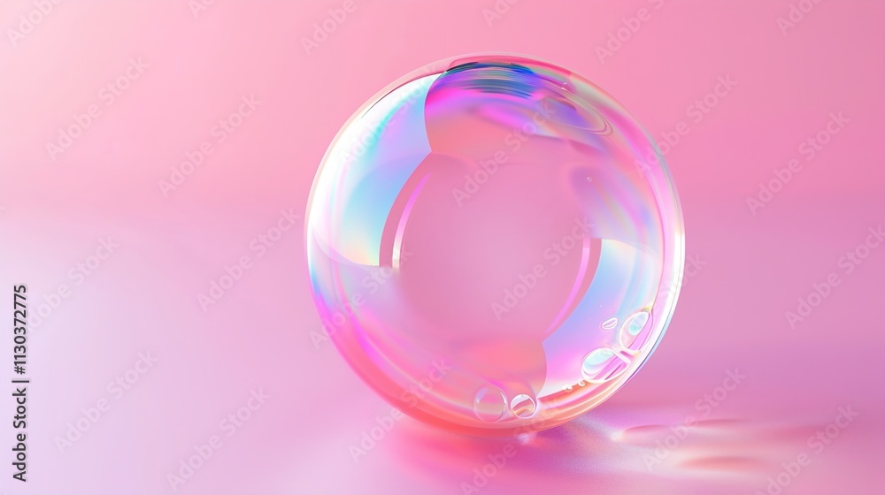 A delicate soap bubble floating with a rainbow sheen on a solid pastel pink background.