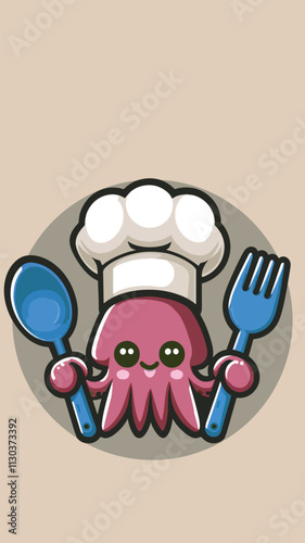The octopus mascot wears a chef's hat and holds a spoon and fork, suitable for a seafood restaurant mascot