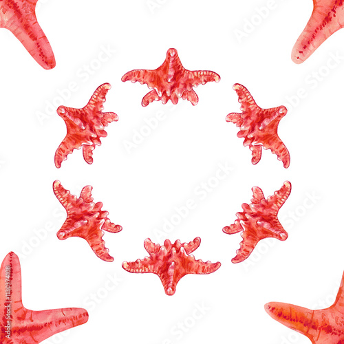 Pattern of starfish in a circle creatures underwater world in watercolor. Asterias Rubens in reddish with a central disk and five arms. The common Starfish, common Sea Star or Sugar Starfish is drawn