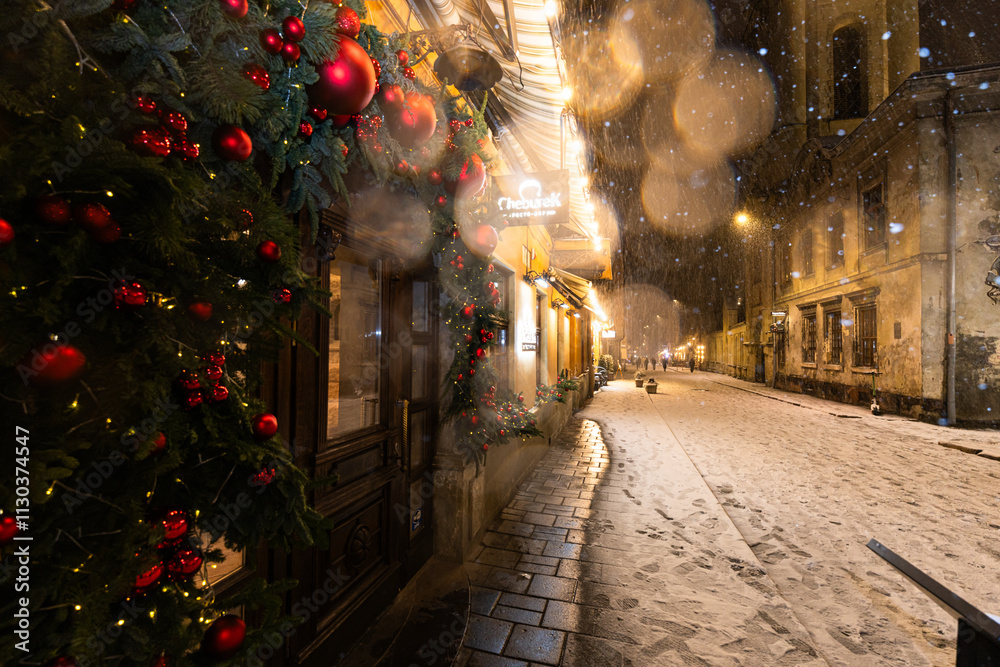 Fototapeta premium Lviv street in winter night
